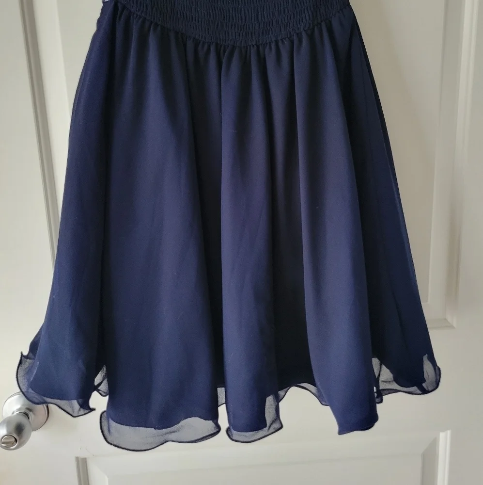 Pleated Cap Sleeved Blue White Lace Tulle Midi Cocktail Dress Size 4 - Picture 8 of 12